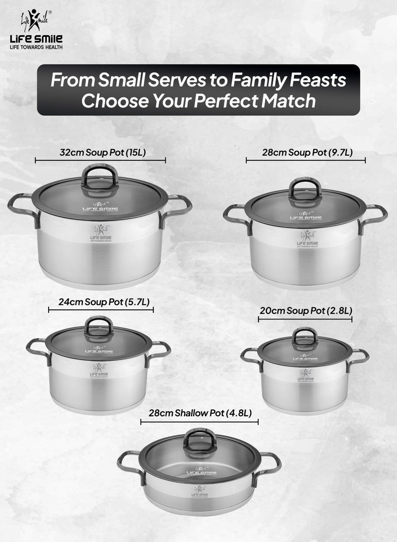 Life Smile 10-Piece Stainless Steel Cookware Set with Lids,20/24/28/32cm Casseroles,28cm Shallow Pot-Multi-Size Cooking Pots - Image 3